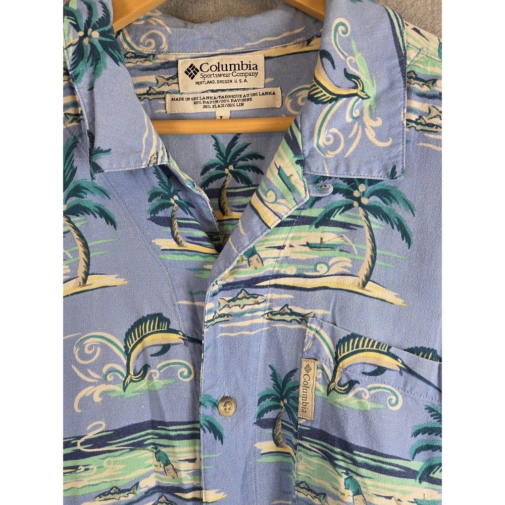 Columbia Sailfish Hawaiian Shirt Mens L Linen Blend Palm Trees Beach Vacation